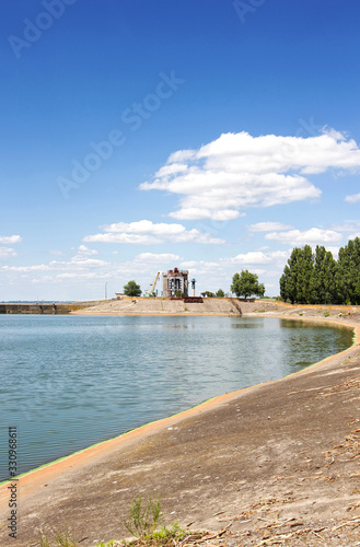 Svetlovodsk embankment and Kremenchuk water reservoir on the Dnieper river in Svetlovodsk city, Kirovograd region, Ukraine. Svetlovodsk hydroelectric power plant. Ukrainian landscape.