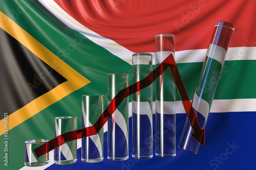Glass bar chart with downward trend against flag of South Africa. Financial crisis or economic meltdown related conceptual 3D rendering