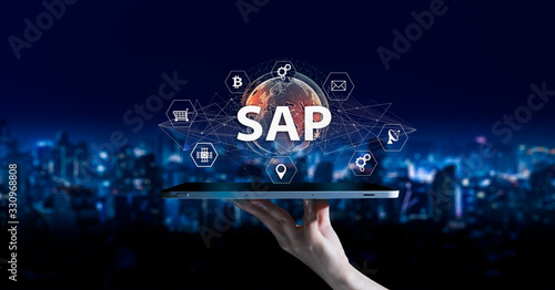SAP - Business process automation software and management software (SAP). ERP enterprise resources planning system concept on virtual screen. photo