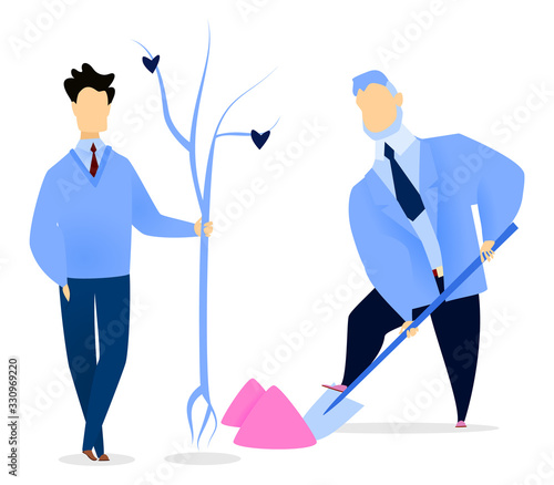 Employees men characters in suit digging soil near tree. Group of male holding wood and man holding shovel and working with ground outdoor. Businessman with spade and plant isolated on white vector