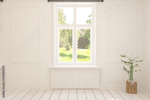 Stylish empty living room in white color with summer landscape in window. Scandinavian interior design. 3D illustration