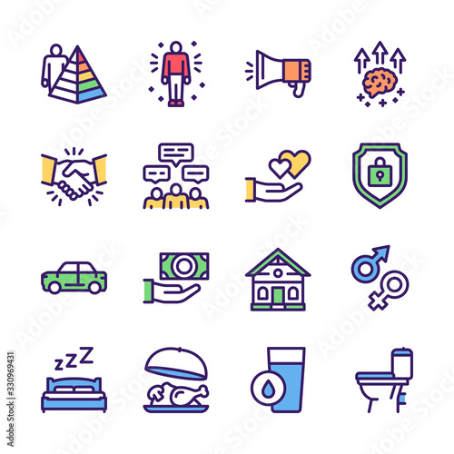 Hierarchy of human needs linear color icon set. Maslow Pyramid concept.