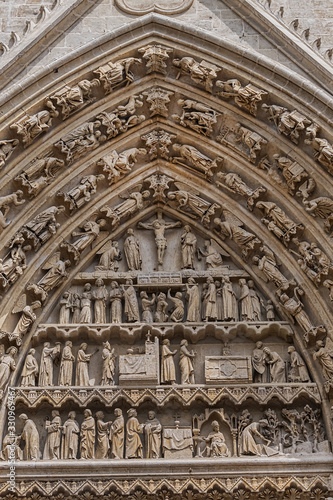 Architectural fragments of the central portal Amiens Gothic Cathedral (Basilique Cathedrale Notre-Dame d'Amiens, 1220 - 1288). Amiens, Somme, Picardie, France.