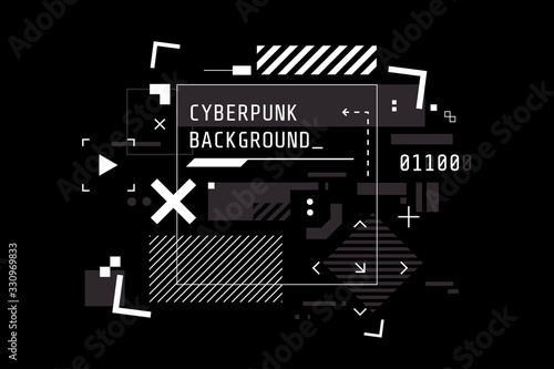 Modern cyberpunk background in black and white color. Abstract high tech banner with place for text. Digital screen in HUD style. Futuristic glitch illustration. Use for t-shirt design,club poster.