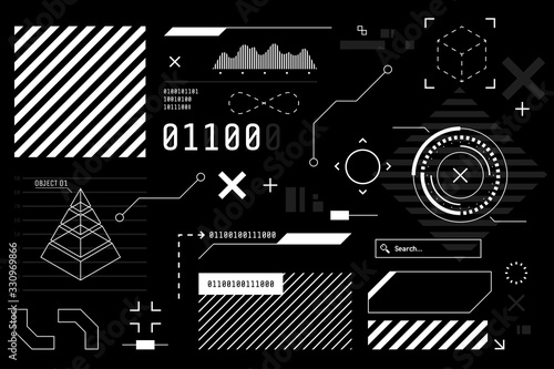 Vector HUD graphic in futuristic style. High tech interface elements for your design. Digital touch screen. Sci-fi user interface builder collection. Black and white colors. Vector illustration.