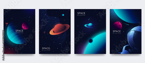 Space poster set. Outer space background with place for text. Cosmos scenes with planets, stars, comets. Vector illustration of galaxy. Greeting card collection in sci-fi style.