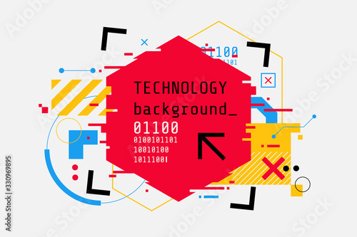 Abstract technology colorful background in cyberpunk style. High tech banner design with place for text. Digital screen with HUD elements. Futuristic glitch illustration. Use for t-shirt, club poster. photo