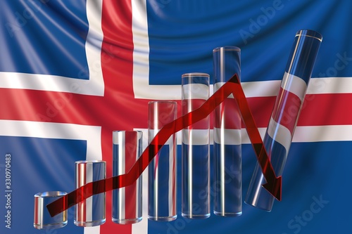 Glass bar chart with downward trend against flag of Iceland. Financial crisis or economic meltdown related conceptual 3D rendering photo