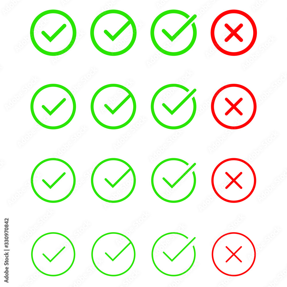 Tick and cross signs. Green checkmark and red X icons, isolated on white background. Tick and cross signs. Green checkmark and red X icons, isolated on white background.
