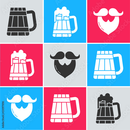 Set Wooden beer mug, Wooden beer mug and Mustache and beard icon. Vector