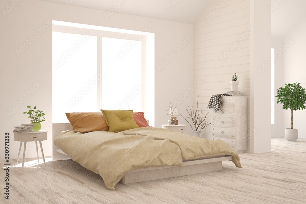 Fototapeta premium Stylish bedroom in white color. Scandinavian interior design. 3D illustration