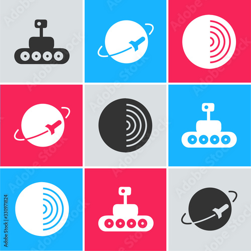 Set Mars rover, Planet and Earth structure icon. Vector