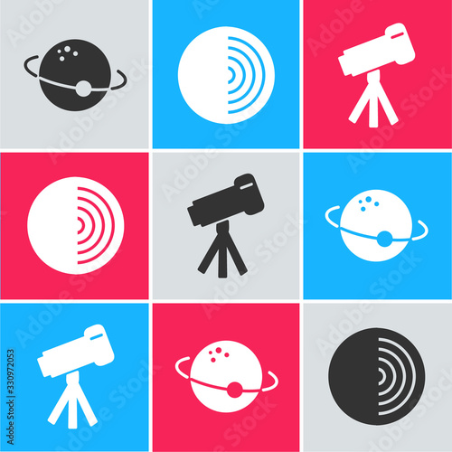 Set Planet, Earth structure and Telescope icon. Vector