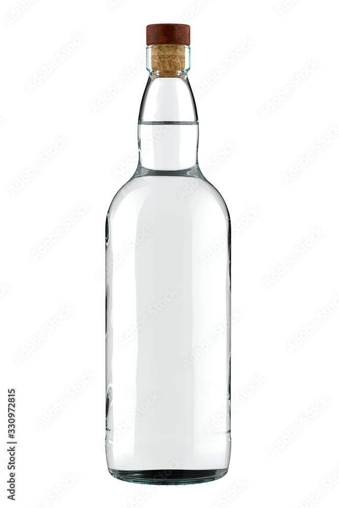 Ilustração do Stock: Clear Glass Full Bottle of Gin, Tequila, Vodka, Rum or  other Alcohol with Drink and Cork. 3D Render Isolated on White Background.  | Adobe Stock