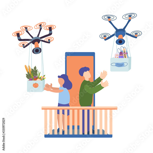 Drones deliver food and medicine people who can't go out for different reasons. Home delivery concept. Self-quarantine time. Hand drawn vector illustration isolated on white background. 