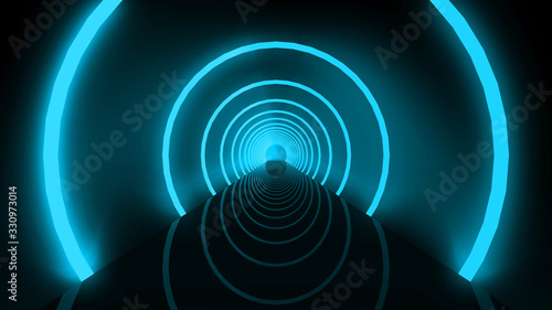 3d rendering. glowing blue beam light circular rings tunnel hole wall background.