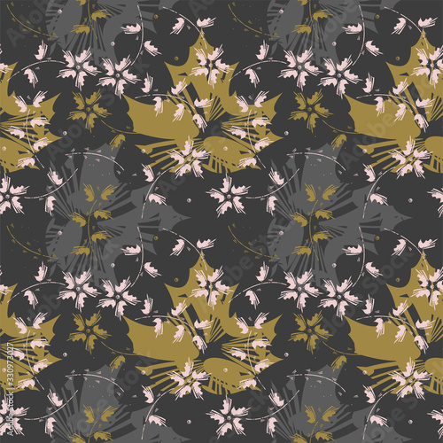 Seamless pattern with abstract flowers isolated ongrey background