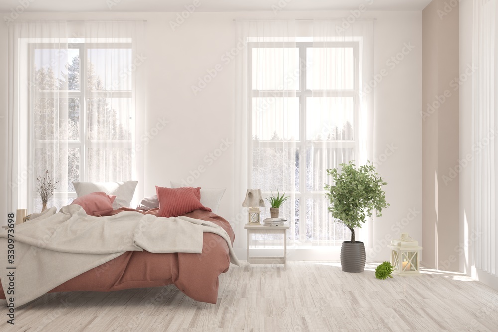 Fototapeta premium Stylish bedroom in white color. Scandinavian interior design. 3D illustration