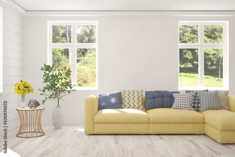 Minimalist living room in white color with sofa and summer landscape in window. Scandinavian interior design. 3D illustration