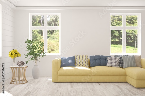 Wallpaper Mural Minimalist living room in white color with sofa and summer landscape in window. Scandinavian interior design. 3D illustration Torontodigital.ca