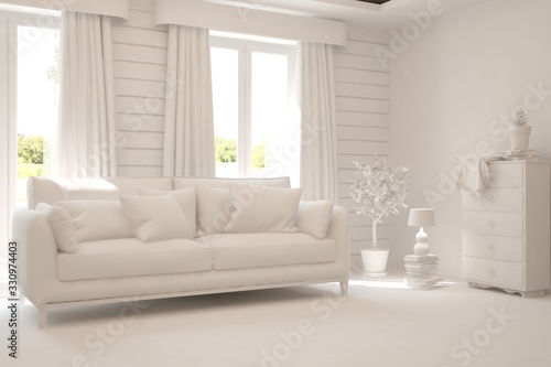 Mock up of minimalist living room in white color with sofa. Scandinavian interior design. 3D illustration