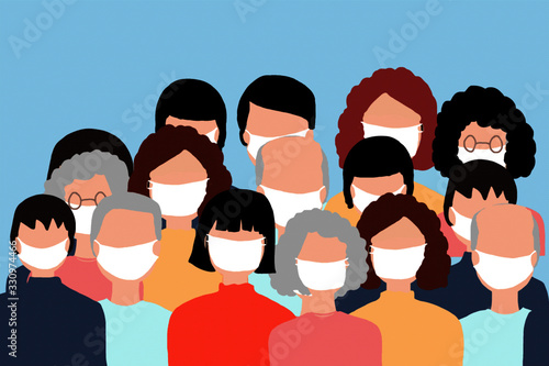 people crowded icon wearing face mask protection for corona 