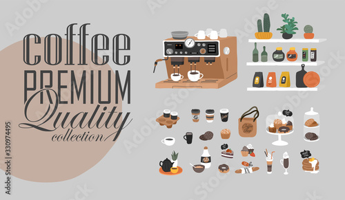 Coffee shop hand drawn collection . Cartoon constructor set. Small business, logo lettering and quote, coffee pots, dessert sweets, coffee machine and stand. Vector