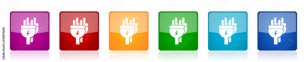 Eletricity icon set, energy, power, plug colorful square glossy vector illustrations in 6 options for web design and mobile applications Eletricity icon set, energy, power, plug colorful square glossy vector illustrations in 6 options for web design and mobile applications