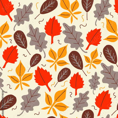 Bright autumn pattern of various leaves. Creates an atmosphere of comfort and warmth. Doodle style. Suitable for printing on stationery, textiles and decor.