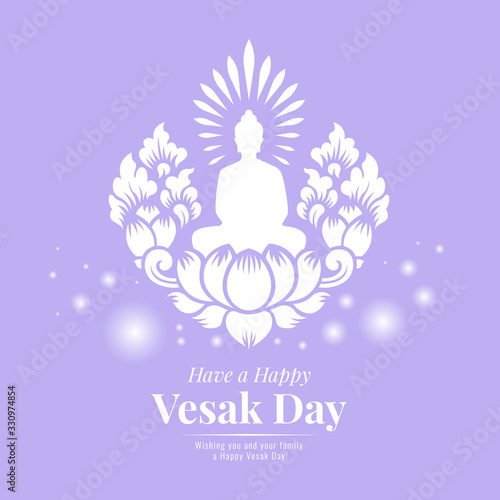 vesak day banner with white Buddha Meditation on lotus art sign design on purple background