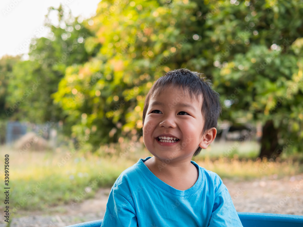 Asian little cute child boy smiling with happy relaxing face outdoor in rural countryside nature. Kid in blue t-shirt in happy family day. Asian little cute child boy smiling with happy relaxing face outdoor in rural countryside nature. Kid in blue t-shirt in happy family day.