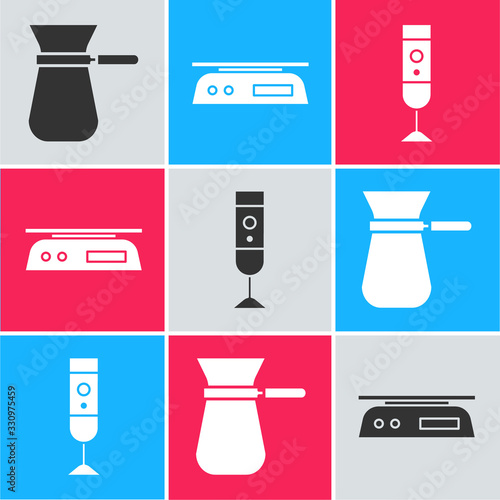 Set Coffee turk, Electronic scales and Blender icon. Vector