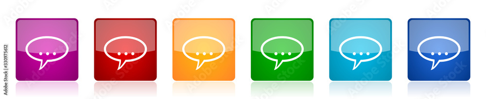 Fototapeta premium Forum icon set, colorful square glossy vector illustrations in 6 options for web design and mobile applications