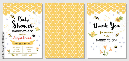 Bee Baby Shower invitation templates set Mommy to bee, sweet, honey, thank you card, yellow pattern banner. Vector