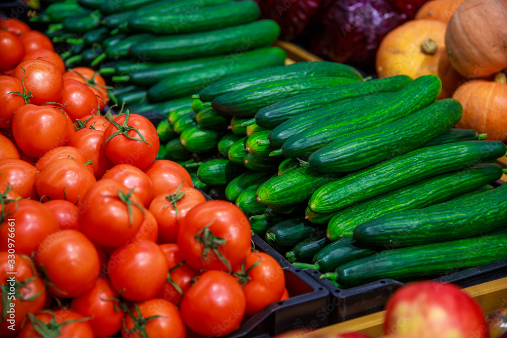 vegetables, cucumbers, tomatoes in the store