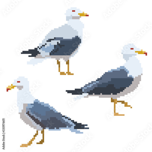Old school 8 bit pixel art seagull standing on the ground.Sea bird icon isolated on white background.