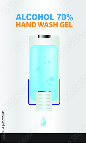 Vector of handwashing automatic Hand Sanitizer with alcohol 70% for hand cleaning and killing viruses or bacteria, Coronavirus 2019-nCoV, sanitizer dispenser pump with drops of liquid soap.