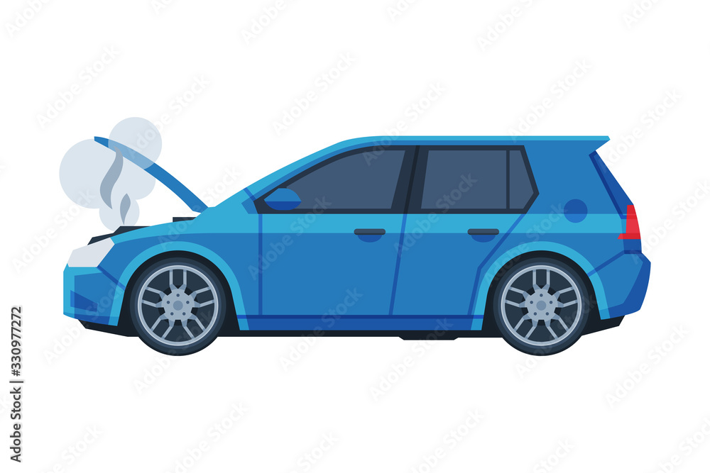 Car with Open Hood with Steam Coming out of the Radiator, Auto Accident Flat Vector Illustration