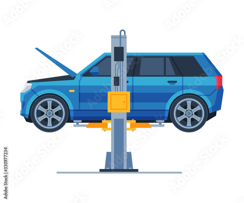 Car Lifted on Auto Hoist, Car Repair Service Flat Vector Illustration