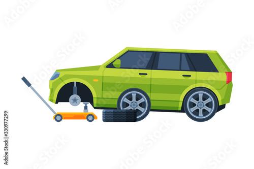 Tire Wheel Changing, Auto Service, Road Accident Flat Vector Illustration