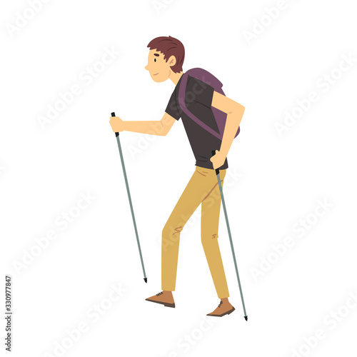 Young Man Carrying Hiking Backpack Walking with Sticks Vector Illustration