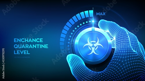 Quarantine levels knob button. Increasing Coronavirus 2019-nCoV quarantine level. Hand turning a biohazard test knob to the maximum position. Stop COVID-19 pandemic concept. Vector illustration.