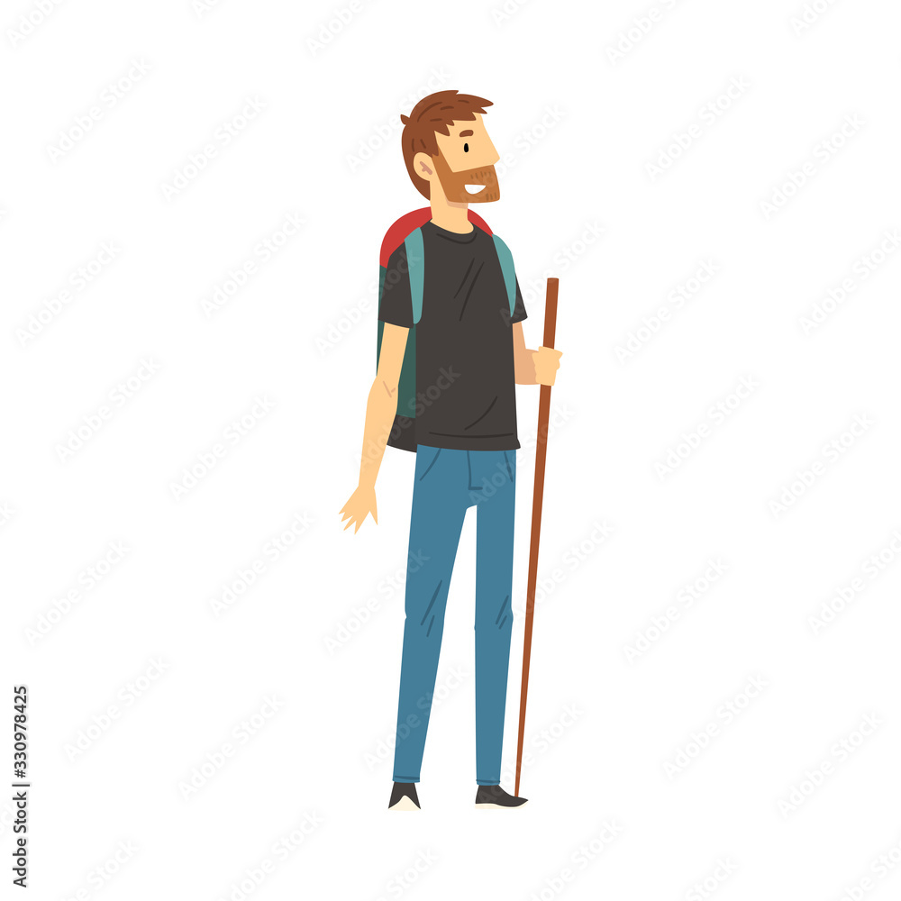 Fototapeta premium Young Man Wearing Sportive Clothes Standing with Hiking Backpack on the Road Vector Illustration