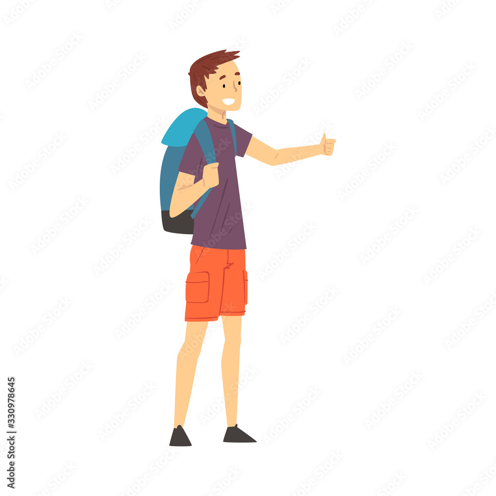Young Man with Hiking Backpack Standing on the Road Hitchhiking Vector Illustration Young Man with Hiking Backpack Standing on the Road Hitchhiking Vector Illustration