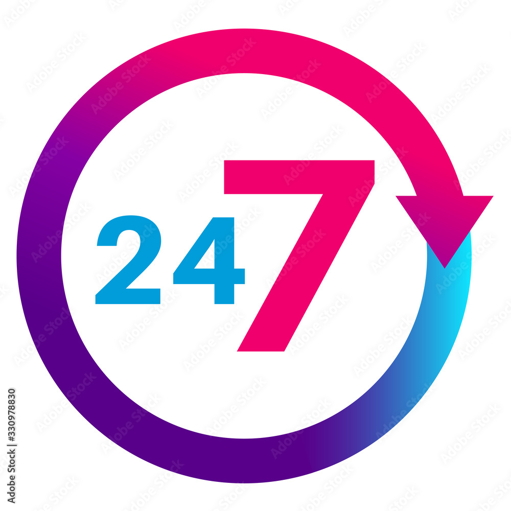 Open 24/7 icon. Colorful arrow and text. Service concept, online support isolated on white background. Vector illustration. Open 24/7 icon. Colorful arrow and text. Service concept, online support isolated on white background. Vector illustration.