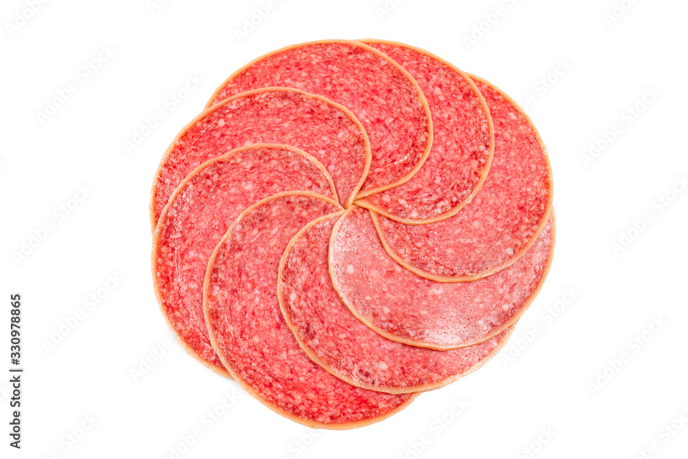 Salami slices isolated on white background. Salami slices isolated on white background.