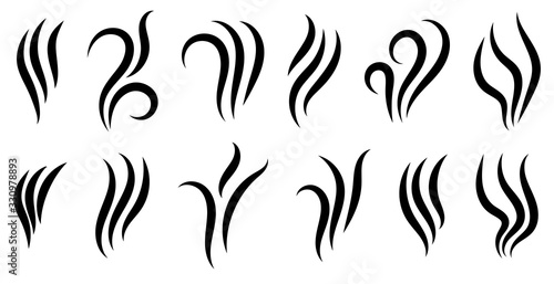 Aromas vaporize icons. Smells linear icon set, hot aroma, stink or cooking steam symbols, smelling or vapor, smoking or odors signs isolated on white. Vector illustration. 