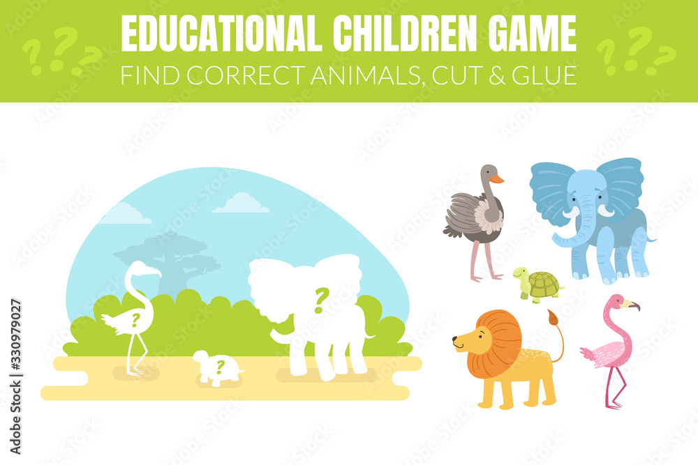 Find Correct Animals, Cut and Glue, Educational Children Game with Cute African Animals Vector illustration