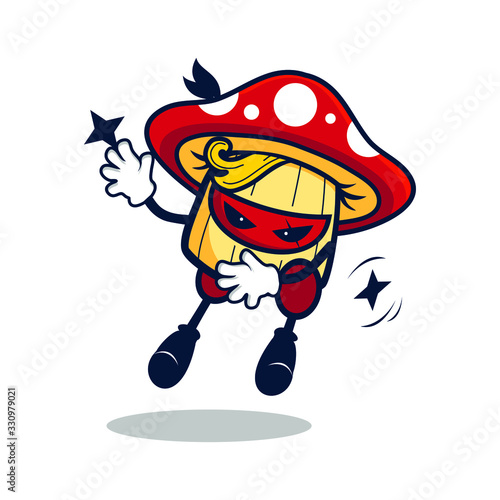 Cartoon ninja mushroom jump throw a dart as weapon
