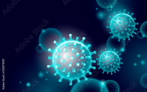 Microscope virus 3D low poly render. Laboratory analysis infection virus influenza flu pneumonia. Modern science technology medicine vector illustration